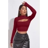 Kadın Bordo Göğüs Dekolteli Uzun Kollu Cut Out Crop Top Bluz