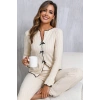 Kadın Ekru Fitilli Şık Pijama Takımı – Fiyonk Detaylı Rahat Ev Giyim Seti