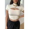 Kadın Ekru Göğüs Dekolteli Yarım Kollu Cut Out Crop Top Bluz