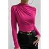 Kadın Fuşya Belden ve Boyundan Büzgü Detaylı Uzun Kollu Bluz