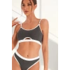 Kadın Gri Antrasit Kaşkorse ve Beyaz Lastikli Cut-Out Tanga Külotlu Takım