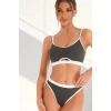 Kadın Gri Antrasit Kaşkorse ve Beyaz Lastikli Cut-Out Tanga Külotlu Takım