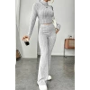 Kadın Gri Çizgili Boğazlı Crop Top ve Yüksek Bel Pantolon Takım
