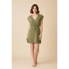 Kadın Haki Yanları Yırtmaçlı Tokalı V Yaka Mini Plaj Elbisesi