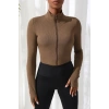 Kadın Kahverengi Uzun Kol Fermuarlı Parmak Geçme Detaylı Dik Yaka Crop Top Bluz