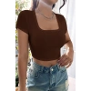 Kadın Kahverengi Yarım Kol Düz Yaka Crop Top Bluz