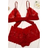 Kadın Kırmızı Dantelli & Kurdelalı Sütyen Külot Takımı