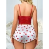 Kadın Kırmızı Kalp Desenli Şort Askılı Dantel Üst Pijama Takımı 2218