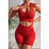 Kadın Kırmızı Yüksek Bel Çapraz Sırt Detaylı Şortlu Gecelik Takım
