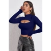 Kadın Lacivert Göğüs Dekolteli Uzun Kollu Cut Out Crop Top Bluz