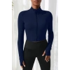 Kadın Lacivert Uzun Kol Fermuarlı Parmak Geçme Detaylı Dik Yaka Crop Top Bluz