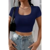 Kadın Lacivert Yarım Kol Düz Yaka Crop Top Bluz
