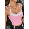Kadın Pembe Beyaz Çift Renk Çapraz Askılı Crop Top Bluz
