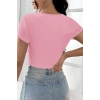 Kadın Pembe Yarım Kol Düz Yaka Crop Top Bluz