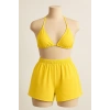 Kadın Sarı Şortlu Belden ve Boyundan Bağlamalı Bikini Takımı