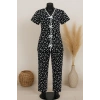 Kadın Siyah Beyaz Kalp Desenli Fiyonklu Kısa Kollu Pijama Takımı