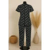 Kadın Siyah Beyaz Kalp Desenli Fiyonklu Kısa Kollu Pijama Takımı