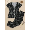 Kadın Siyah Beyaz Kalp Desenli Fiyonklu Kısa Kollu Pijama Takımı