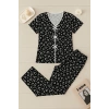 Kadın Siyah Beyaz Kalp Desenli Fiyonklu Kısa Kollu Pijama Takımı