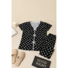 Kadın Siyah Beyaz Kalp Desenli Fiyonklu Kısa Kollu Pijama Takımı
