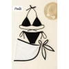 Kadın Siyah Beyaz Pareolu Yandan ve Boyundan Bağlamalı 3lü Bikini Takımı