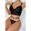 Kadın Siyah Çift Sıra Çapraz Askılı Cut-Out Tanga Detaylı Şık Takım