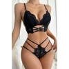 Kadın Siyah Dantel Cut-Out Detaylı Şık Sütyen ve Külot Takımı