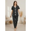 Kadın Siyah Kalp Desenli Fiyonklu Kısa Kollu Uzun Pijama Takımı