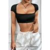 Kadın Siyah Sırt Dekolteli ve Boyundan Bağlamalı Yarım Kol Crop Top Bluz