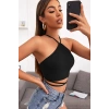 Kadın Siyah Sırtı Açık Boyundan Çapraz Bağlamalı Crop Top Bluz