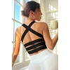 Kadın Siyah Sırtı Çapraz Lastik Detaylı Crop Top Bluz