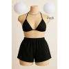 Kadın Siyah Şortlu Belden ve Boyundan Bağlamalı Bikini Takımı