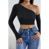 Kadın Siyah Tek Omuz Detaylı Uzun Kol Crop Top Bluz