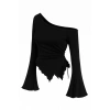 Kadın Siyah Uzun İspanyol Kollu Asimetirik Yaka Yandan Bağlamalı Drapeli Bluz