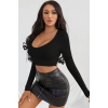 Kadın Siyah Uzun Kol Kare Yaka Crop Top Bluz
