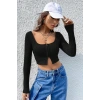 Kadın Siyah Uzun Kollu Agraflı Göğüs ve Göbek Dekolteli Crop Top Bluz