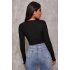 Kadın Siyah Uzun Kollu Büzdürme Bağcık Detaylı Crop Top Bluz