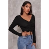 Kadın Siyah Uzun Kollu Büzdürme Bağcık Detaylı Crop Top Bluz