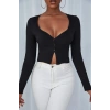 Kadın Siyah Uzun Kollu Düğmeli Göğüs ve Göbek Dekolteli Crop Top Bluz