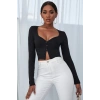 Kadın Siyah Uzun Kollu Düğmeli Göğüs ve Göbek Dekolteli Crop Top Bluz