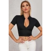 Kadın Siyah Yarım Fermuarlı ve Kısa Kollu Crop Top Bluz