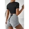 Kadın Siyah Yarım Kol Çapraz Bağlamalı Crop Top Bluz