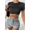 Kadın Siyah Yarım Kol Çapraz Bağlamalı Crop Top Bluz