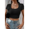 Kadın Siyah Yarım Kol Düz Yaka Crop Top Bluz