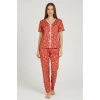 Kadın Turuncu Kalp Desenli Fiyonklu Kısa Kollu Uzun Pijama Takımı