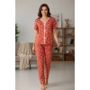 Kadın Turuncu Kalp Desenli Fiyonklu Kısa Kollu Uzun Pijama Takımı
