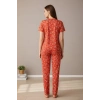 Kadın Turuncu Kalp Desenli Fiyonklu Kısa Kollu Uzun Pijama Takımı