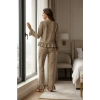 Kadın Uzun Kollu Leopar Desenli Fiyonklu Ev Giyim Pijama Takımı