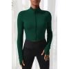 Kadın Yeşil Uzun Kol Fermuarlı Parmak Geçme Detaylı Dik Yaka Crop Top Bluz