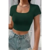 Kadın Yeşil Yarım Kol Düz Yaka Crop Top Bluz